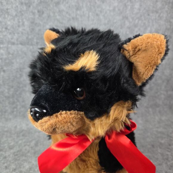HugFun Rottweiler Dog Plush 14 Inch Brown Black Puppy Red Bow Stuffed Animal Toy - Picture 9 of 10